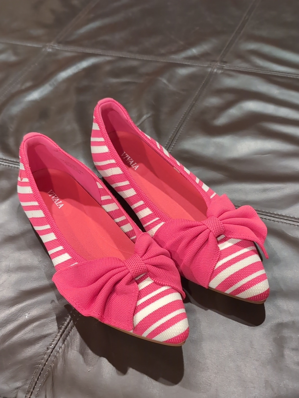 Vivaia Pink Striped Bow Pointed Flats